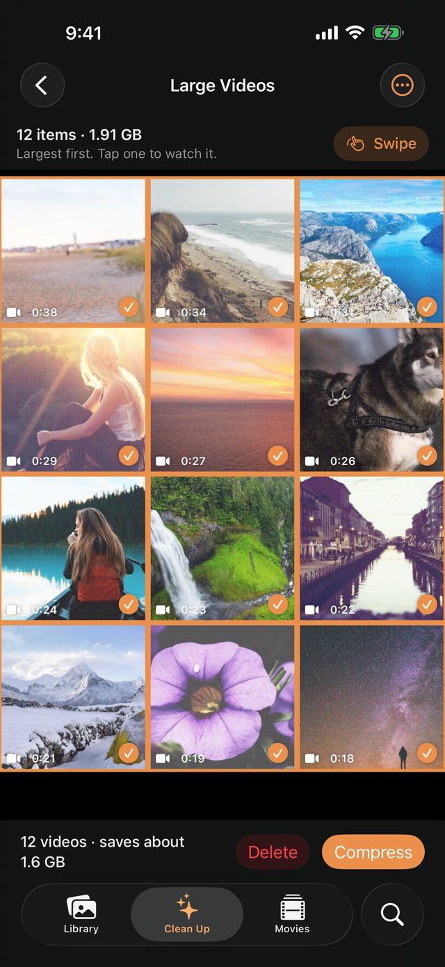 Compress: large videos, largest first