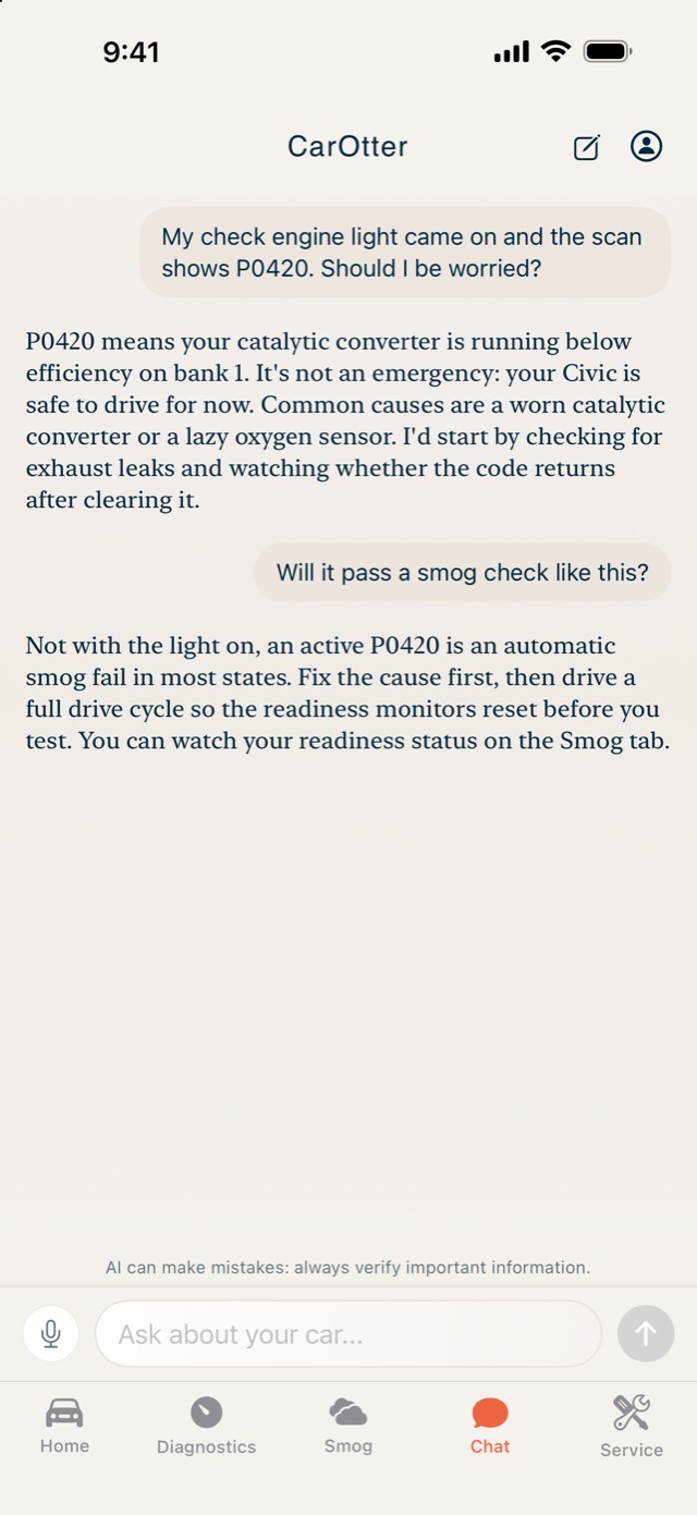 Chat explaining a P0420 code