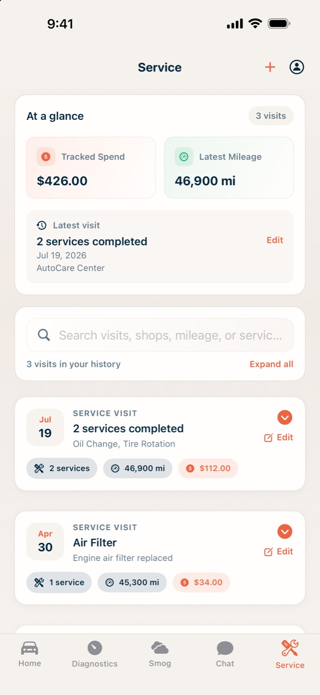 Service history with visits and spend
