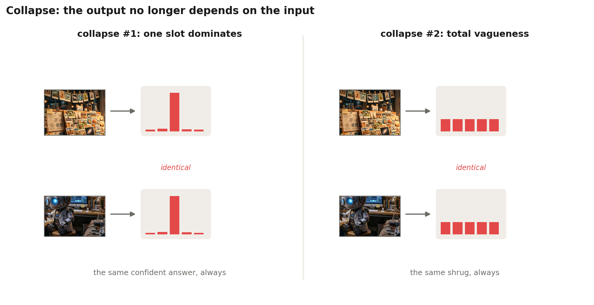The two collapse modes: every image maps to one dominant slot, or every image maps to the uniform distribution